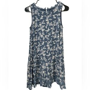 LOFT Blue White Bird Floral Print Mini Shift Dress XS